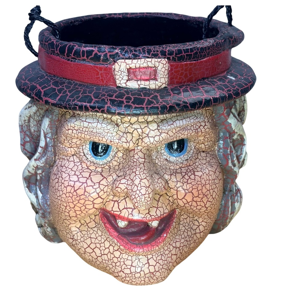 VTG Halloween Creepy Witch Head Bucket Crackle Resin Candy Bowl Bucket READ